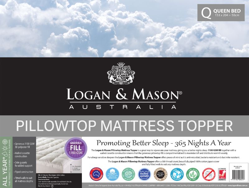 Pillowtop mattress topper for queen beds, featuring plush 1100gsm fill and breathable 300TC cotton cover for ultimate comfort.