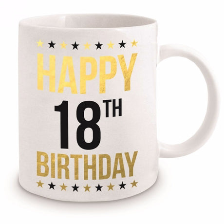 Elegant 11oz gold and black mug celebrating 18th birthdays, perfect as a memorable gift in a stylish gift box.
