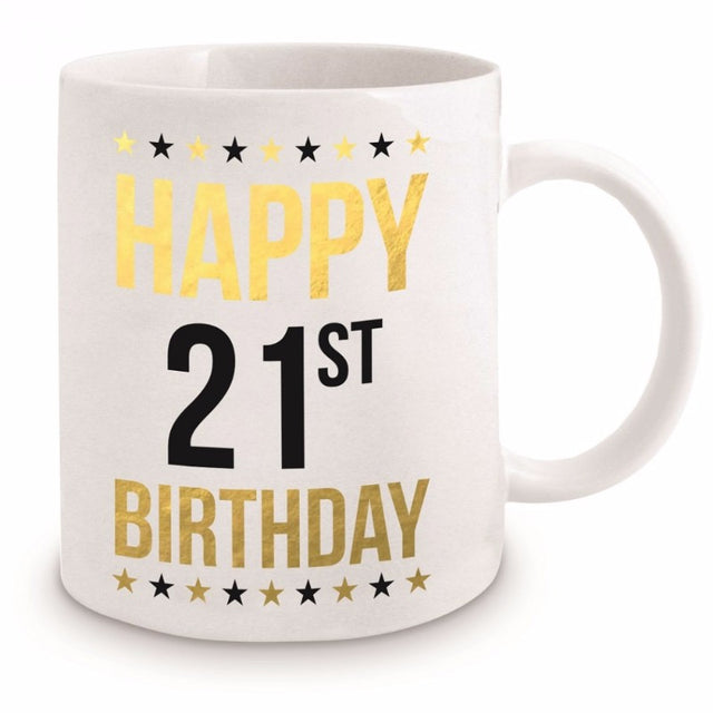 Elegant 21st Birthday Gold Mug in black and gold, perfect for celebrating adulthood; ideal keepsake in a gift box.