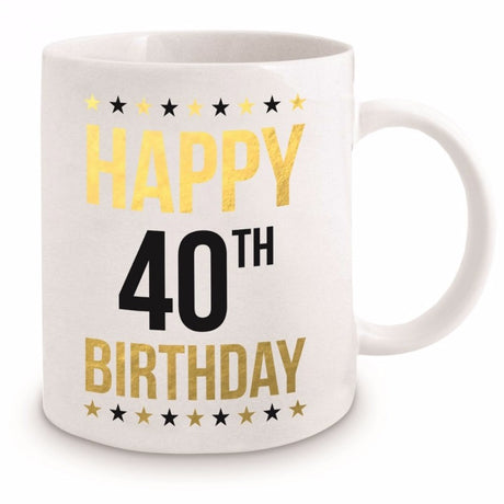 Elegant 40th birthday gold mug with black printing, perfect gift for celebrating milestone birthdays, comes in a gift box.