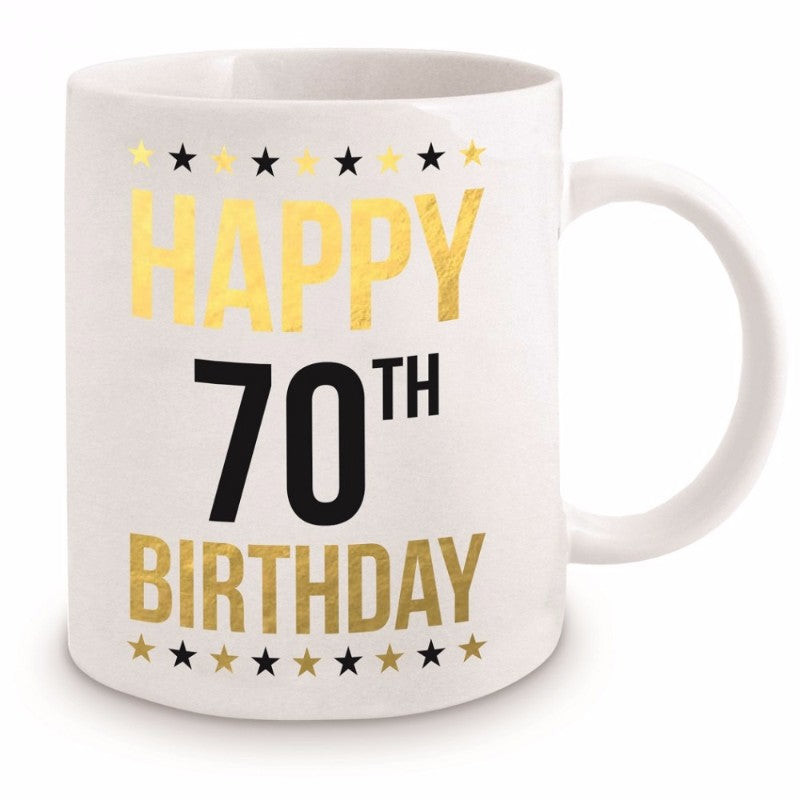 Elegant black and gold 11oz mug celebrating a 70th birthday, beautifully packaged in a gift box. Perfect keepsake gift.