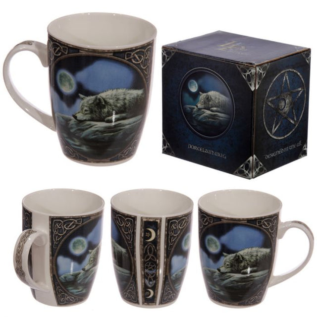 Lisa Parker Wolf Quiet Reflection Mug featuring a serene wolf design, perfect for coffee or tea, microwave and dishwasher safe.