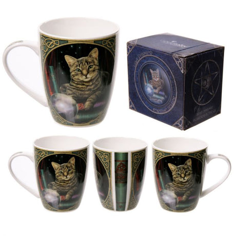 Whimsical porcelain mug featuring a mystical cat design, perfect for drinks; microwave and dishwasher safe.