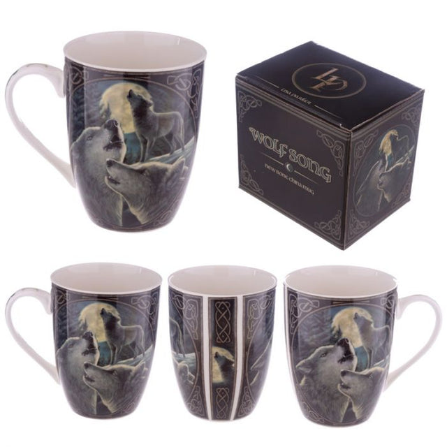 Lisa Parker Wolf Song Porcelain Mug featuring intricate wolf imagery, perfect for hot beverages, microwave and dishwasher safe.