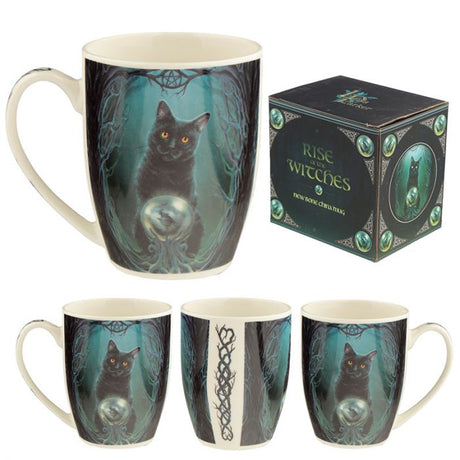 Lisa Parker's porcelain mug featuring a mystical cat design, perfect for coffee or tea, 300ml, microwave and dishwasher safe.