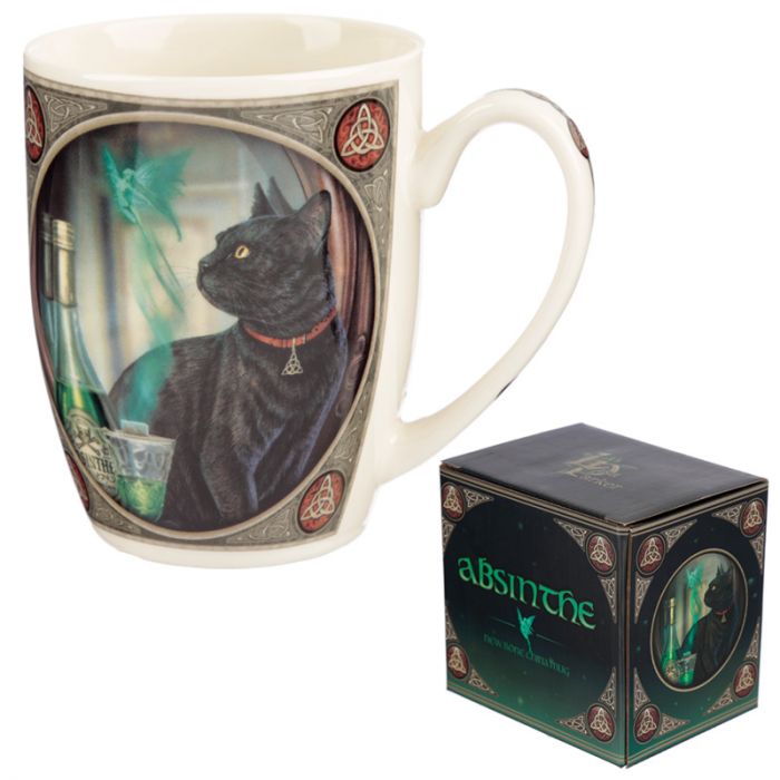 Whimsical Lisa Parker Absinthe Cat Porcelain Mug, perfect for cat lovers, holding 300ml, microwave and dishwasher safe.