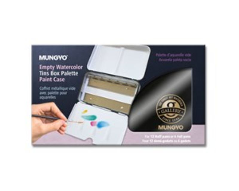 Mungyo Watercolour Tin Empty, lightweight palette holds 12 half pans, features thumb ring and fold-out mixing wells.