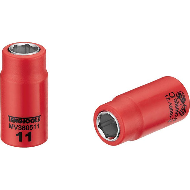 11mm insulated socket for live electrical work, rated up to 1000V, featuring dual-color insulation for safety and a secure grip design.