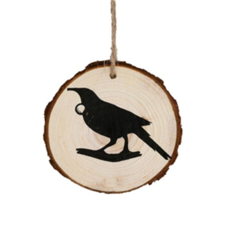 Kiwiana Tree Slice Art featuring a Tui bird, 6cm, showcasing New Zealand's natural beauty and rustic charm.