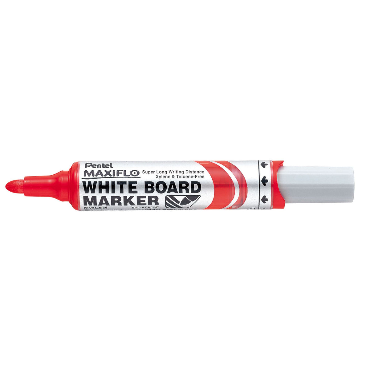 PENTEL MAXIFLO whiteboard markers in red, 12-pack with 2.1mm bullet tip and ink rejuvenation feature for lasting performance.