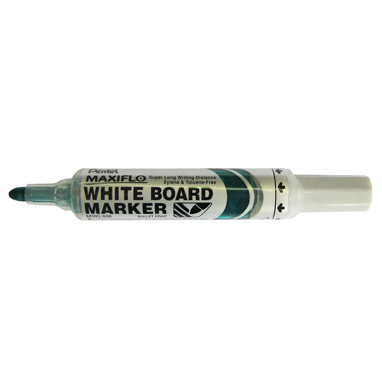 Set of 12 green PENTEL Maxiflo whiteboard markers with pump action ink rejuvenation for vibrant, long-lasting writing.