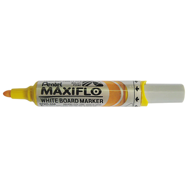 Vibrant yellow 12-pack of Pentel Maxiflo bullet whiteboard markers with innovative ink rejuvenation system for smooth writing.