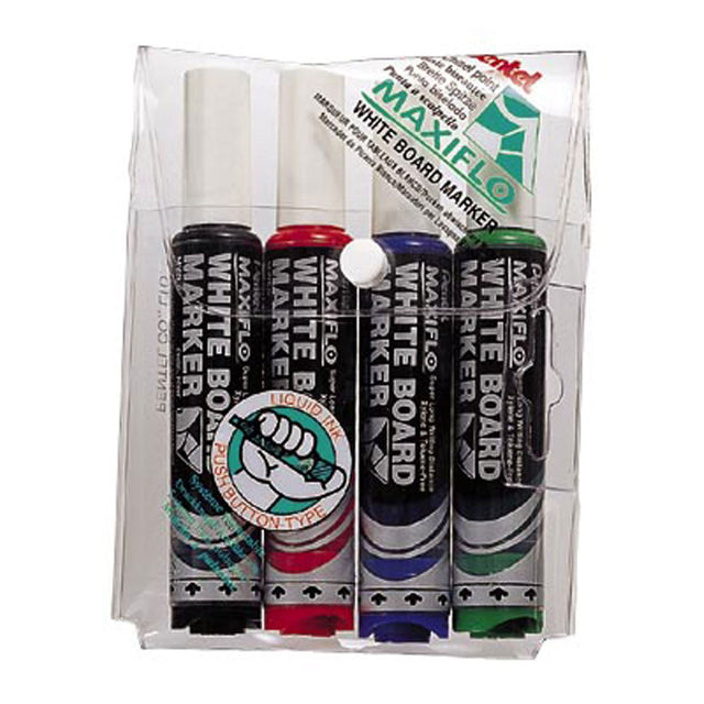 Pentel Maxiflo Marker set with chisel tips in black, blue, red, and green; features unique pump action for ink rejuvenation.