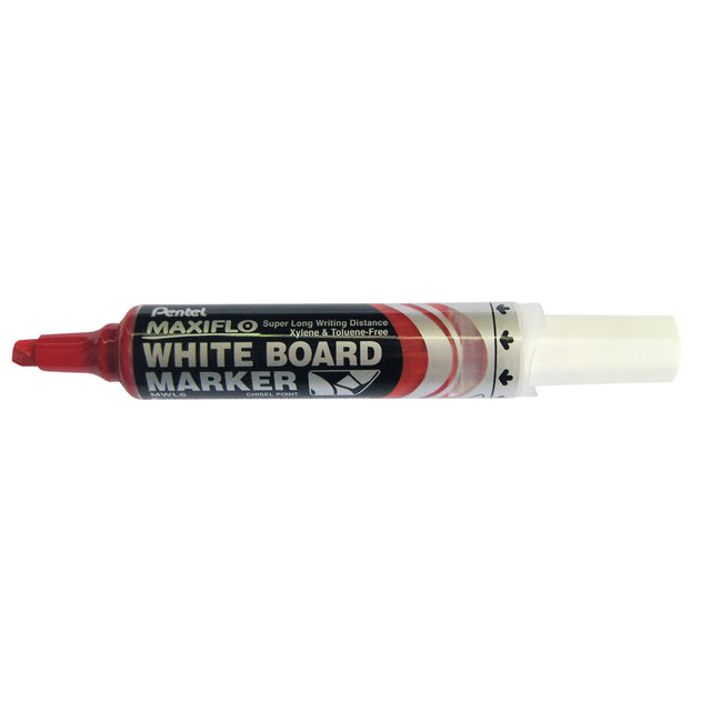 PENTEL Maxiflo whiteboard marker pack of 12, red, features pump action for smooth flow and dual chisel tip for varied line sizes.