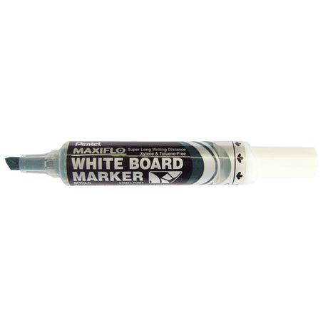 Green PENTEL Maxiflo whiteboard markers with chisel tips, pack of 12, ideal for vibrant, long-lasting writing on whiteboards.