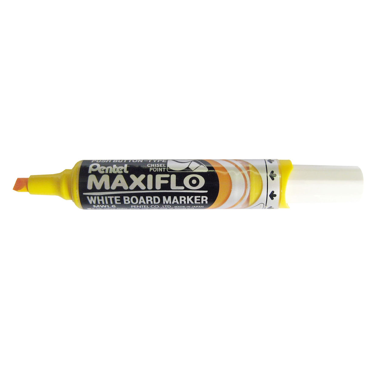 Vibrant yellow PENTEL Maxiflo whiteboard markers with chisel tip, 12-pack, designed for long-lasting and steady ink flow.