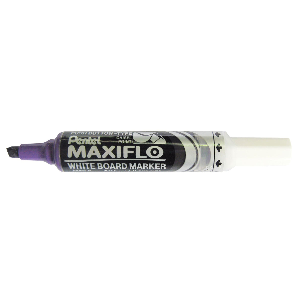 Violet PENTEL Maxiflo whiteboard markers with chisel tip, pack of 12, features ink rejuvenation system for longevity and eco-friendliness.