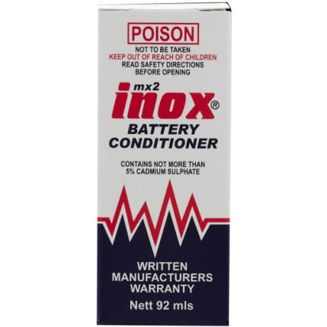 Inox Mx2 Battery Conditioner in a 92ml bottle, designed to enhance lead-acid battery lifespan and efficiency.