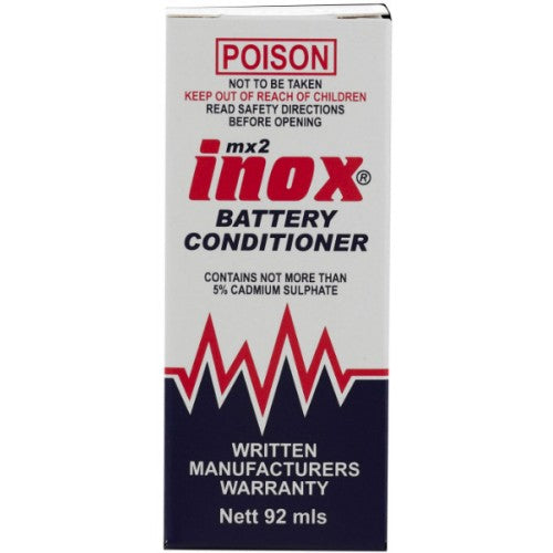 Inox Mx2 Battery Conditioner in a 92ml bottle, designed to enhance lead-acid battery lifespan and efficiency.