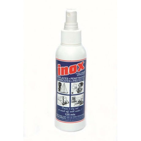 Inox Mx3 125ml pump bottle for versatile lubrication, displacing moisture and protecting various surfaces without harmful effects.