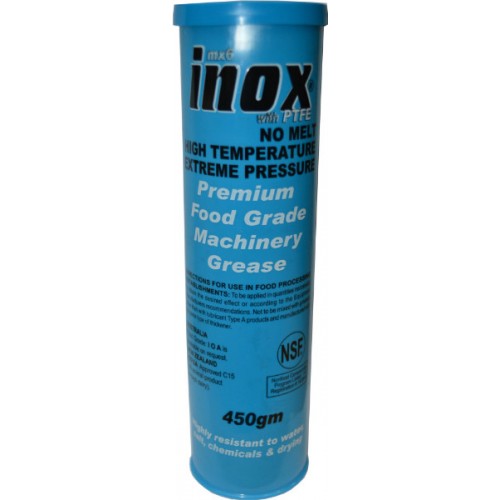 Inox Mx6 Food Grade Grease in 450g cartridge, features synthetic formula with PTFE for superior lubrication and corrosion protection.