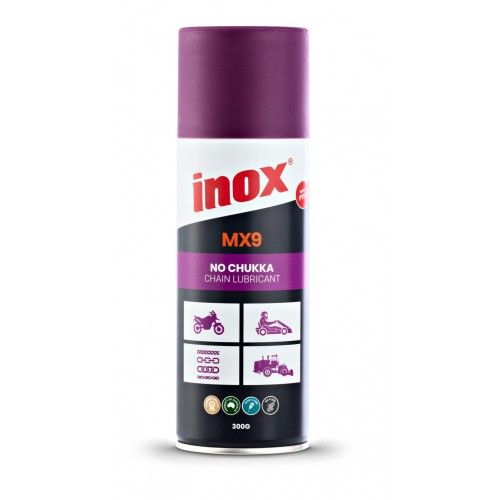 Aerosol can of INOX MX9 No Chukka Chain Lube (300g) for reducing friction and protecting machinery from rust and wear.