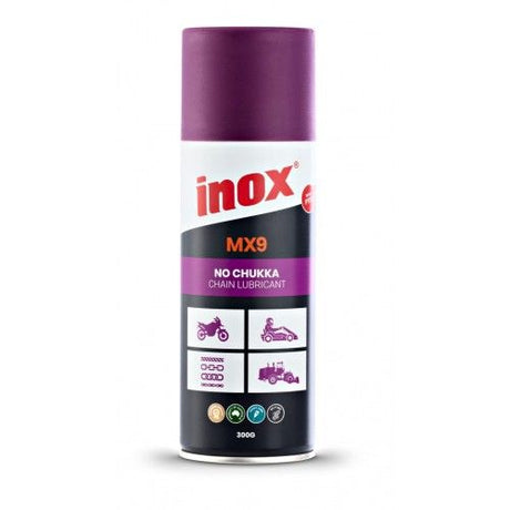 Aerosol can of INOX MX9 No Chukka Chain Lube (300g) for reducing friction and protecting machinery from rust and wear.