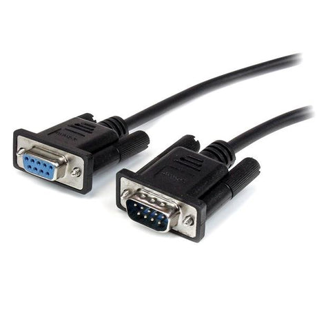 3m black DB9 RS232 serial cable with male and female connectors for reliable device connection and data transfer.