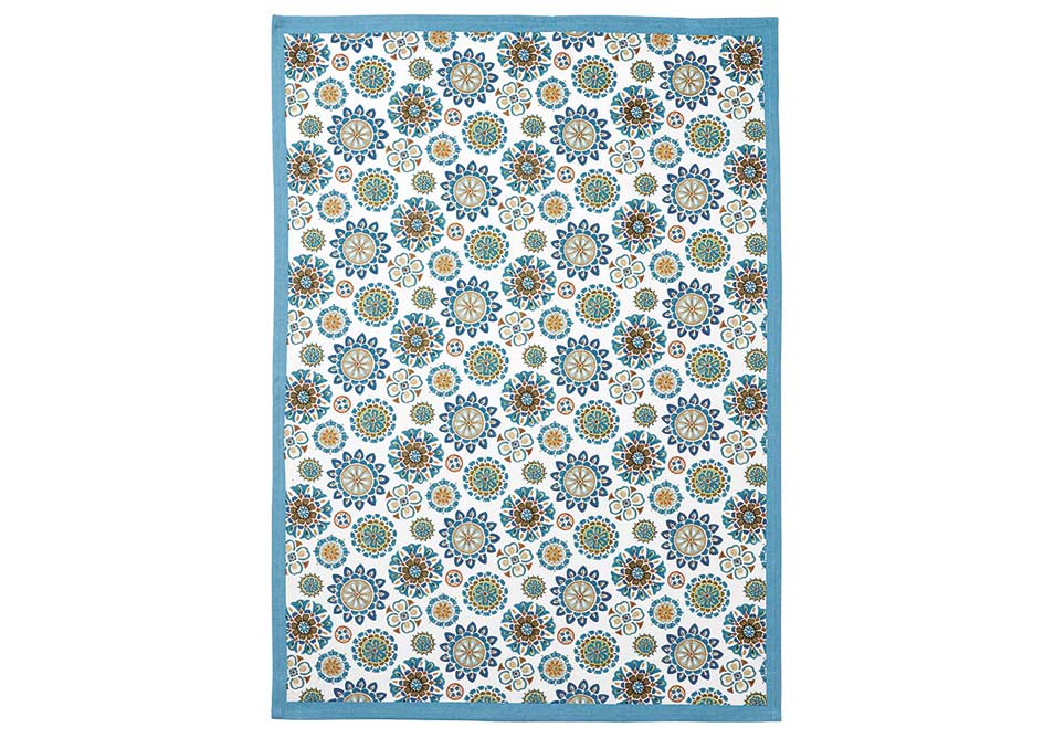 Set of 3 Marrakesh Tile Kitchen Towels featuring vibrant blues and warm browns, perfect for stylish kitchen decor and tasks.