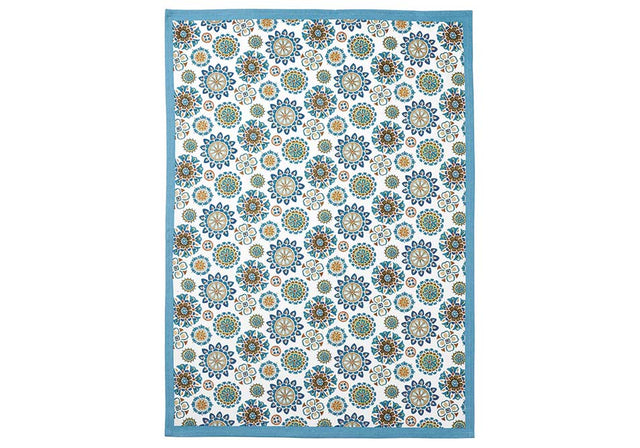 Set of 3 Marrakesh Tile Kitchen Towels featuring vibrant blues and warm browns, perfect for stylish kitchen decor and tasks.