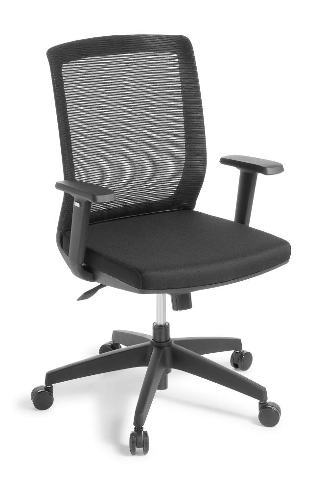 Ergonomic Media Black boardroom chair with mesh back, height-adjustable armrests, designed for comfort and style in meetings.