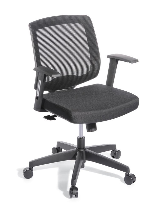Ergonomic black office chair with mesh back, dynamic tilt, removable armrests, and lumbar support for comfort in meetings.