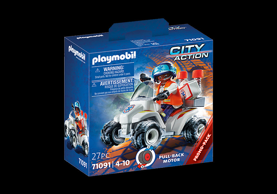 Playmobil Medical Quad featuring a doctor figure, pull-back motor, and medical kit for imaginative rescue play.