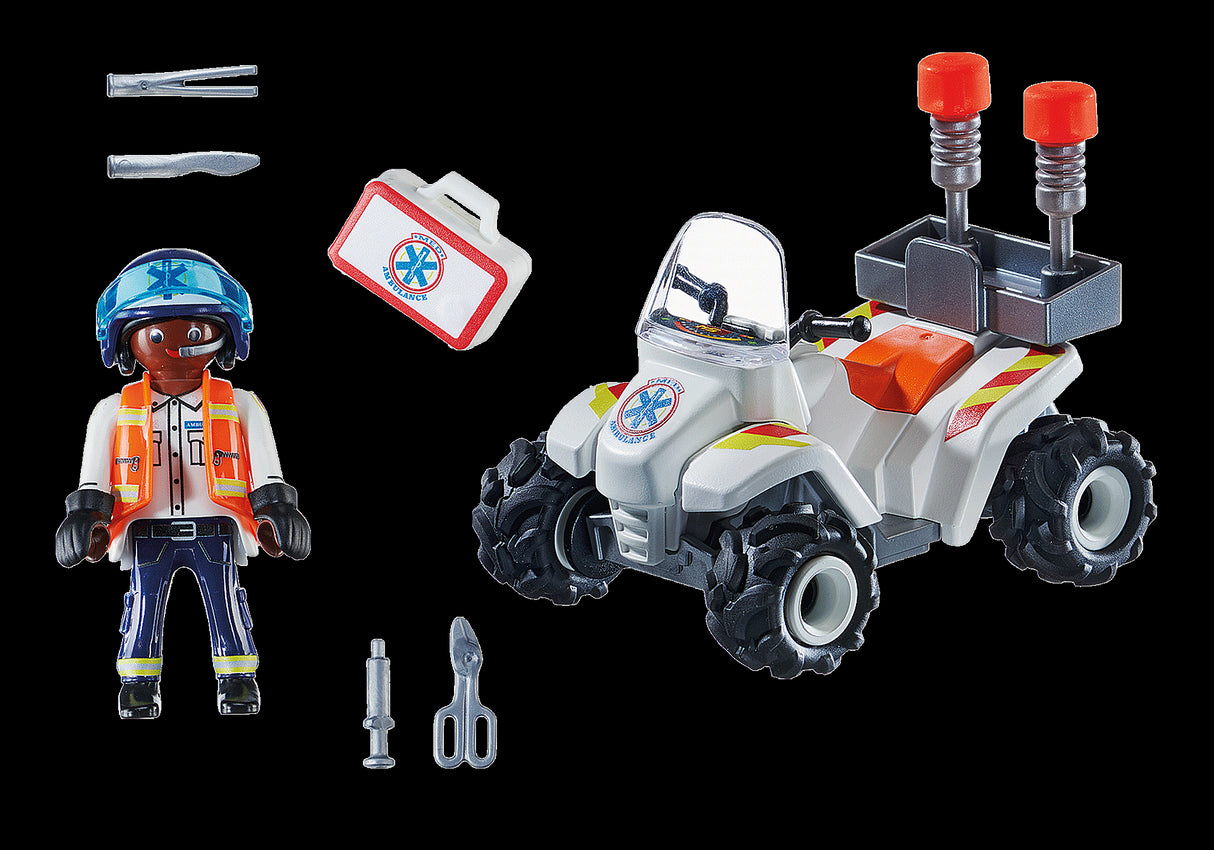 Playmobil Medical Quad with pull-back motor, featuring a doctor figure and medical kit for imaginative rescue adventures.