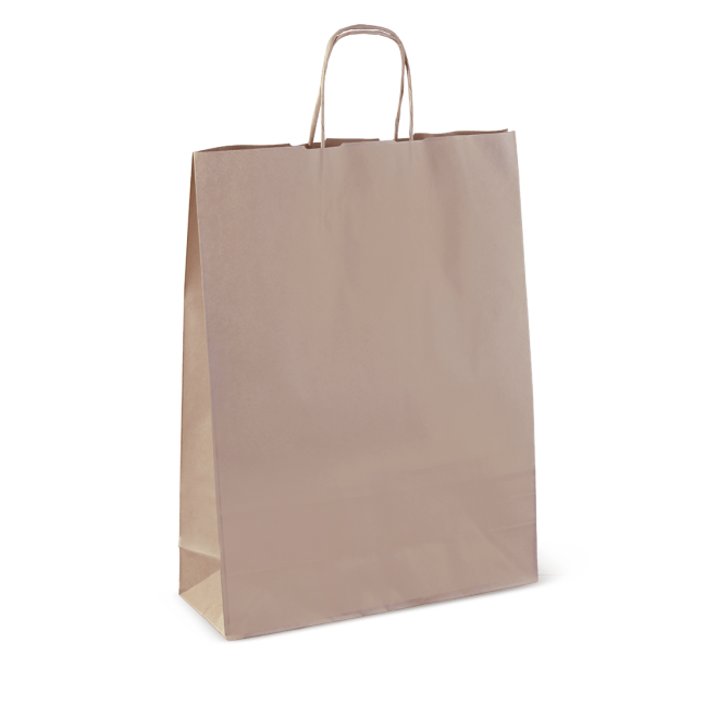 Sturdy brown kraft paper carry bags with twisted handles, perfect for eco-friendly takeaway and retail, 420 x 320 x 110 mm.