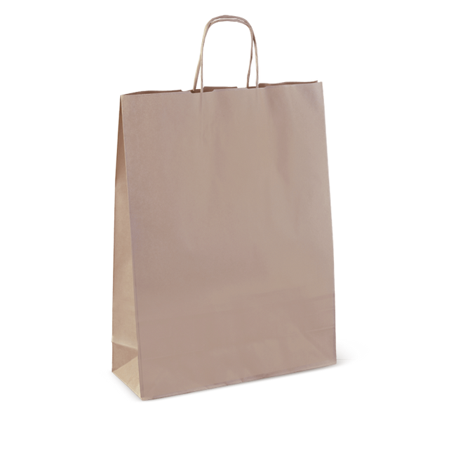 Sturdy brown kraft paper carry bags with twisted handles, perfect for eco-friendly takeaway and retail, 420 x 320 x 110 mm.