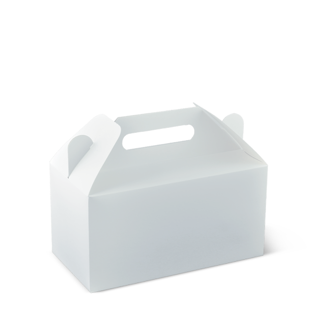 Medium cardboard carry box with die-cut handle, eco-friendly, compostable, holds various meal items, perfect for takeaway.
