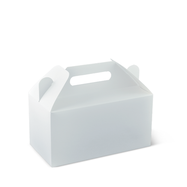 Medium cardboard carry box with die-cut handle, eco-friendly, compostable, holds various meal items, perfect for takeaway.
