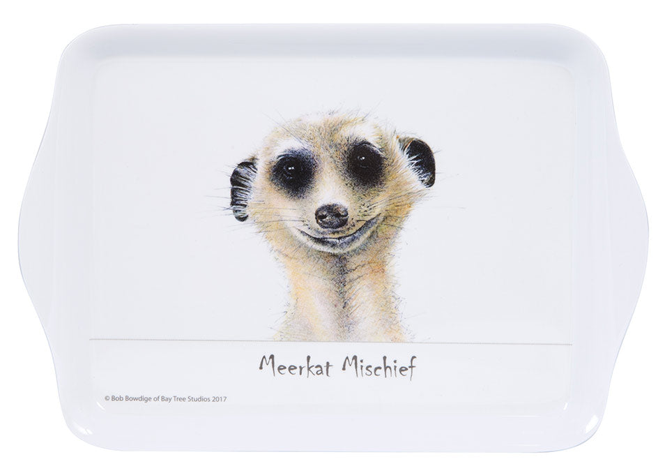 Set of 3 Meerkat Mischief Face Scatter Trays featuring whimsical meerkat illustrations, perfect for snacks or decor.