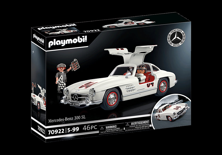 Playmobil Mercedes-Benz 300 SL model with gullwing doors, figures, and accessories for imaginative racing play.