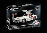 Playmobil Mercedes-Benz 300 SL model with gullwing doors, figures, and accessories for imaginative racing play.