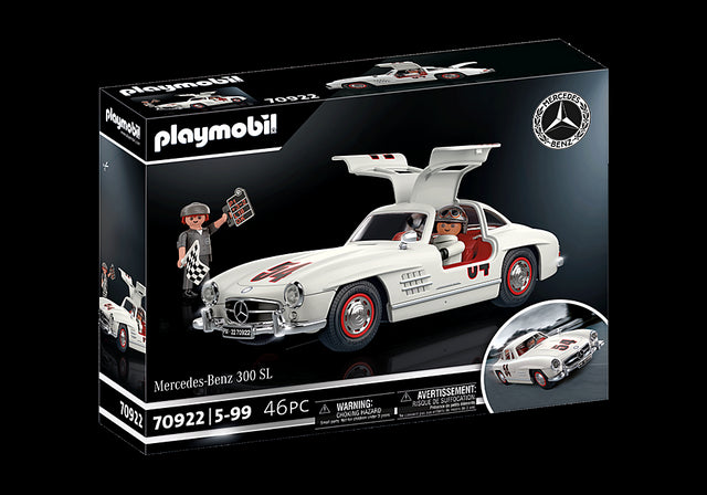 Playmobil Mercedes-Benz 300 SL model with gullwing doors, figures, and accessories for imaginative racing play.