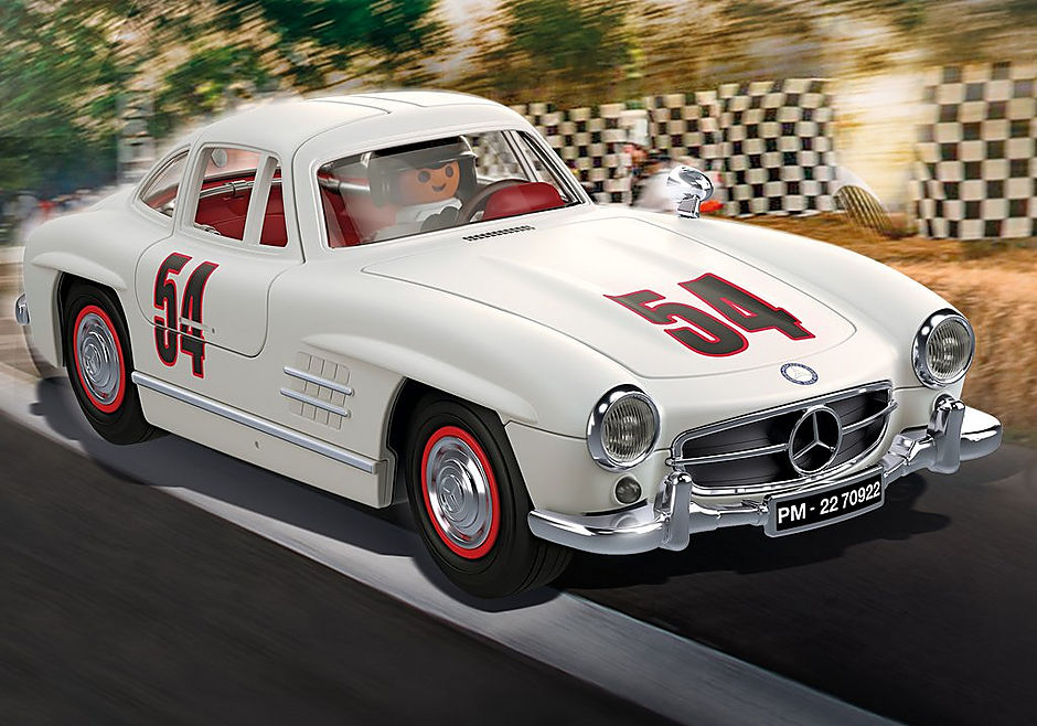 Playmobil Mercedes-Benz 300 SL model featuring gullwing doors, a racecar driver, and accessories for imaginative play.