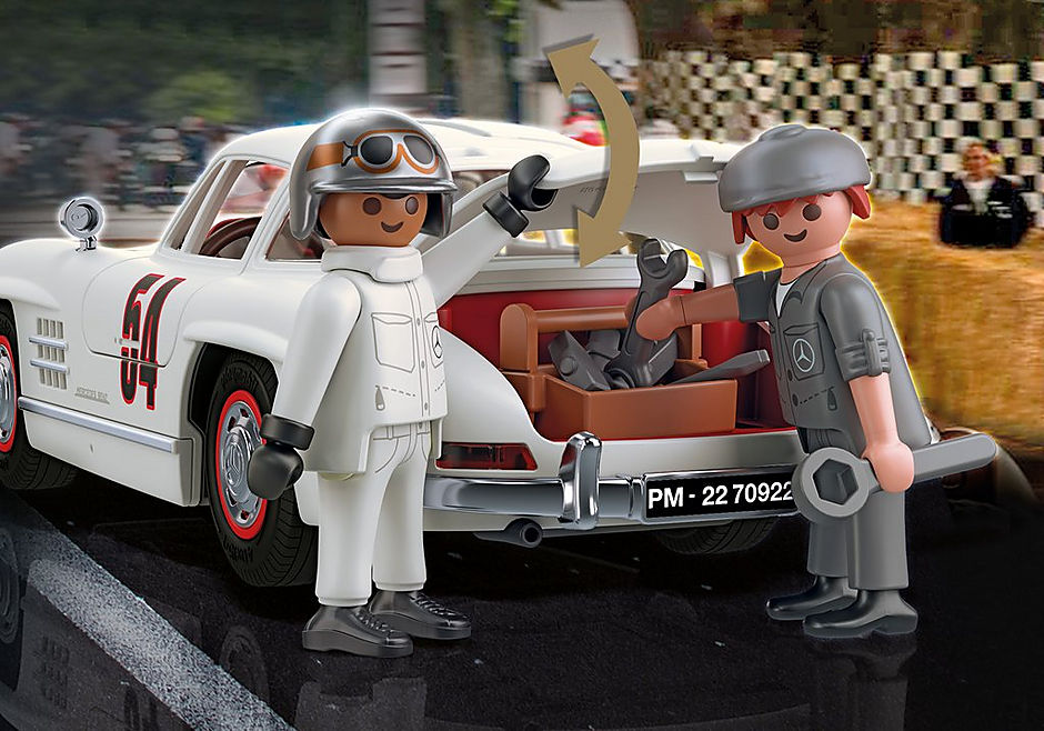 Alt text: Playmobil Mercedes-Benz 300 SL model featuring gullwing doors, racecar driver figure, and detailed accessories for imaginative play.