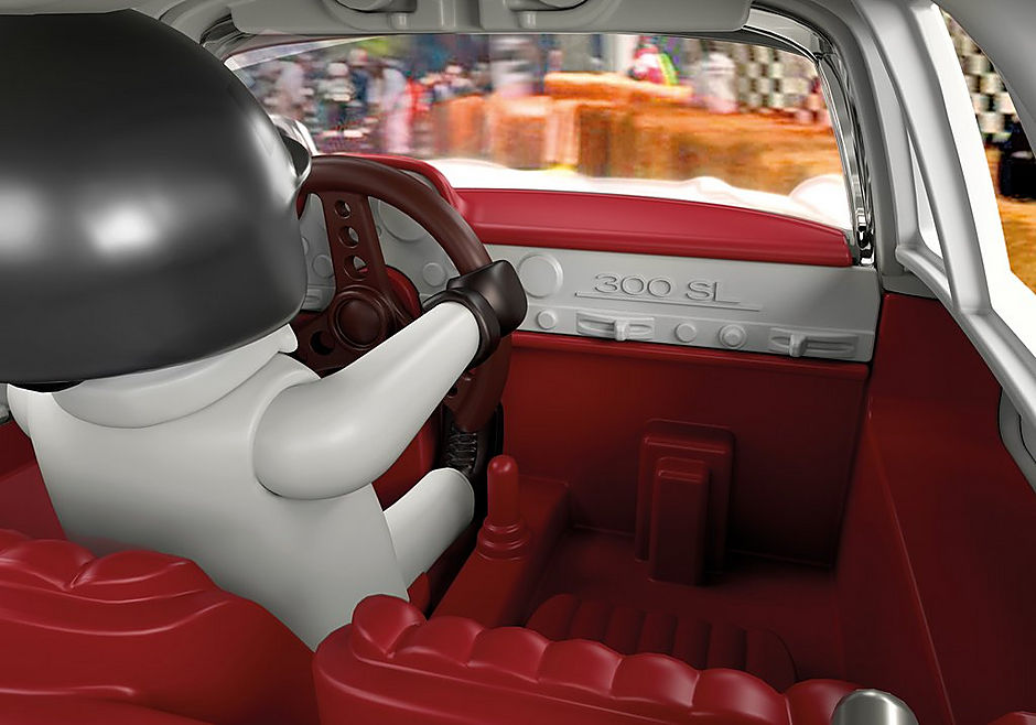 Alt text: Playmobil Mercedes-Benz 300 SL model featuring gullwing doors, driver and mechanic figures, and detailed accessories.