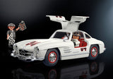 Playmobil Mercedes-Benz 300 SL model featuring gullwing doors, driver and mechanic figures, and racing accessories for imaginative play.