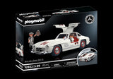 Playmobil Mercedes-Benz 300 SL model with gullwing doors, figures, and accessories for imaginative racing play.