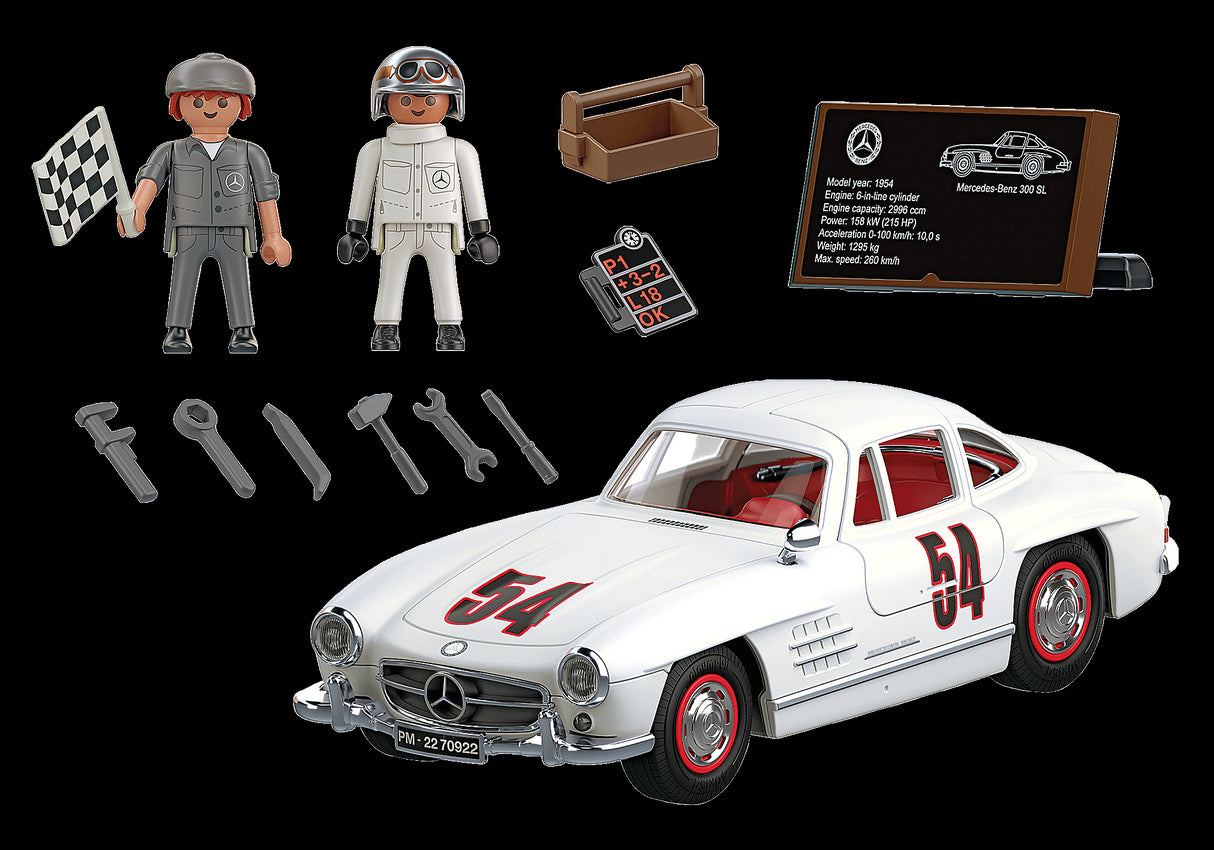 Playmobil Mercedes-Benz 300 SL model with gullwing doors, chrome bumpers, and accessories for imaginative racing play.