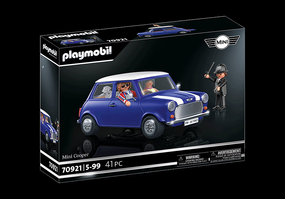 Playmobil Mini Cooper model featuring iconic British design, 70s figures, a Dalmatian, and classic policeman, perfect for play and collectors.