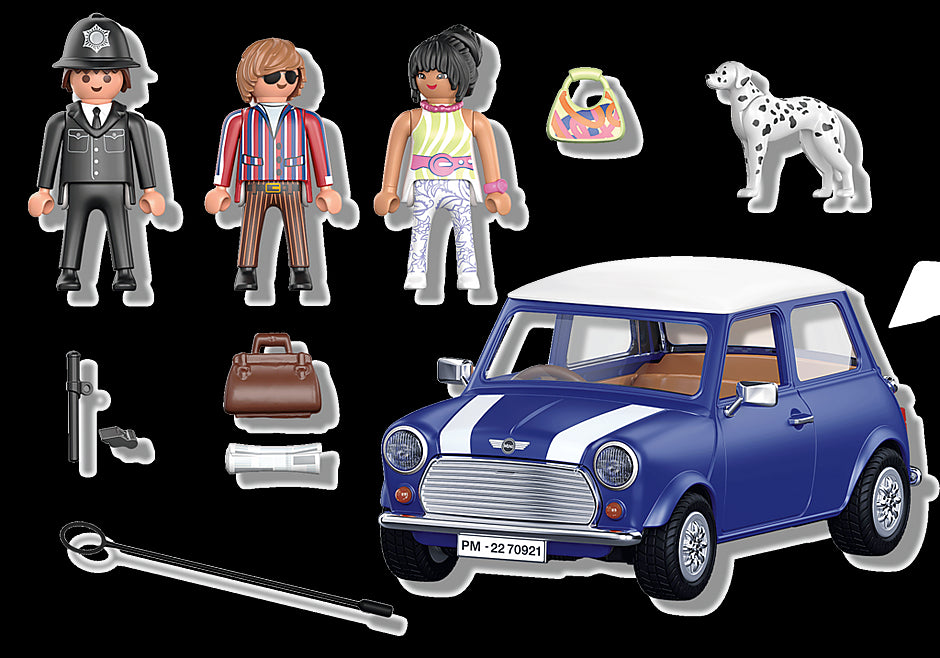 Playmobil Mini Cooper model featuring 70s figures, a Dalmatian, and a classic English policeman in vibrant design.